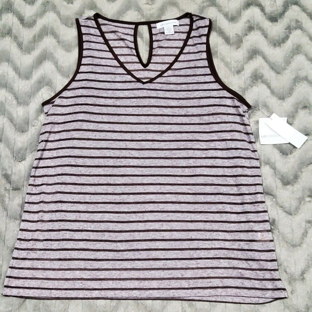 Liz Claiborne Womens L Brown Striped Tribal Beat Linen Blend Tank Top NWT